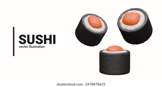 Vector set of realistic sushi on white background. Round rolls with rice and red fish