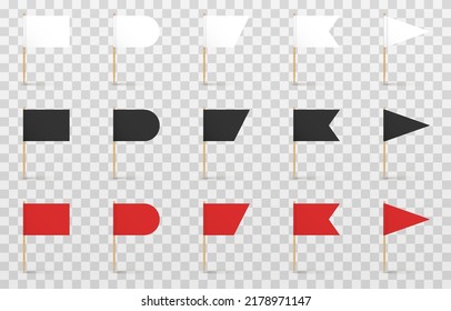 Vector set of realistic toothpicks png. Toothpicks with a flag on an isolated transparent background. Rectangular, triangular, flags on a wooden stick png.