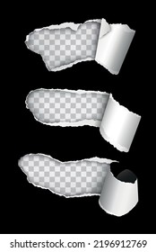 Vector set of realistic torn black paper holes with rolled edge on transparent background - frame for your text or design