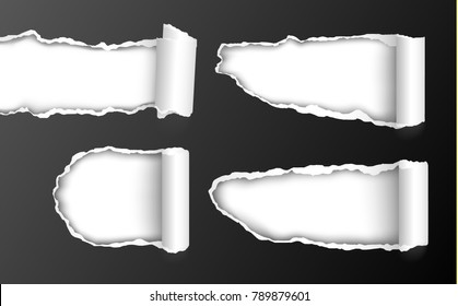 Vector set of realistic torn holes in black paper with curled edges isolated on white background
