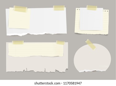Vector set of realistic torn note papers with yellow adhesive tape on transparent background.