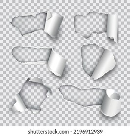 Vector set of realistic torn paper holes with rolled edge on transparent background - frame for your text or design