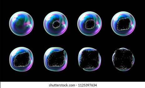 Vector set of realistic transparent colorful soap bubbles in stages of the explosion from centre. Water spheres with air, soapy balloons, lather, suds, soapsuds. Glossy foam balls. 3d illustration.