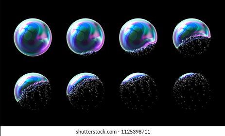 Vector set of realistic transparent colorful soap bubbles in stages of the explosion and deformation. Water spheres with air, soapy balloons, lather, suds, soapsuds. Glossy foam balls. 3d illustration