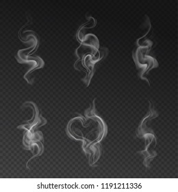 Vector set of realistic transparent smoke effects - cigarette smoke, coffe or hot tea steam