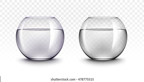 Vector Set of Realistic Violet Black Transparent Shiny Glass Fishbowls Aquariums with Water without Fish Isolated on White Background