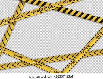 Image vectorielle d'un ensemble de bandes d'avertissement réalistes avec du texte et des motifs rayés, y compris des panneaux de mise en garde et de danger pour les zones réglementées ou les zones dangereuses.