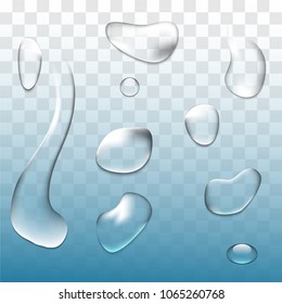 vector set realistic water droplets on blue transparent background.vector.illustration.
