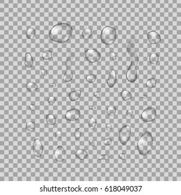 Vector set of realistic water droplets on the transparent background.