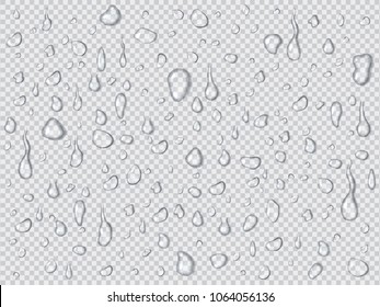 Vector set of realistic water drops and splash different sizes on a transparent background, condensation of rain, collection for design mockup, banners.