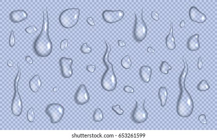 Vector set of realistic water drops and splash different sizes on a transparent background, condensation of rain, collection for design 