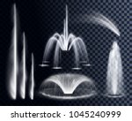 Vector set of realistic water waterfalls, geysers, fountains and single splash or spray including cascading streams of various shape isolated on background