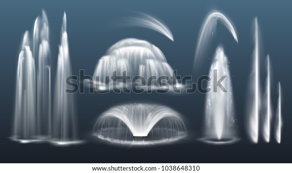 Vector set of realistic water\
waterfalls, geysers, fountains and single splash or spray including\
cascading streams of various shape isolated on\
background