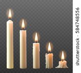 Vector set of realistic white burning candles isolated on a transparent background.
