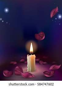 Vector set of realistic white burning candles isolated on a transparent background.