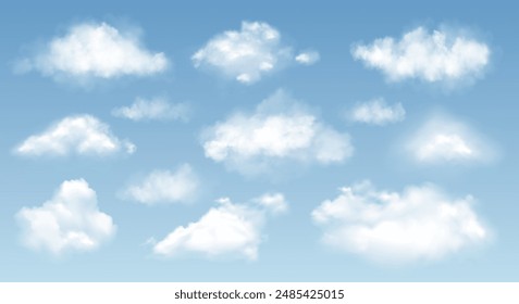 Vector set of realistic white cloud, fog or smoke in the sky. Cloud, fire smoke wave and foggy nature element decoration. Transparent cloud, nature sky or food smoke art. Weather background or pattern