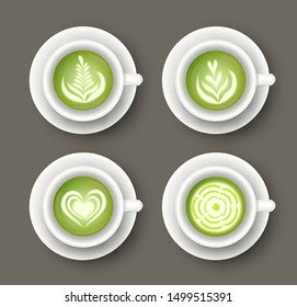 Vector set with realistic white cups with matcha latte drink. Top view of healthy hot green beverage. 3d template of mug with tea for cafe menu design, banner, poster