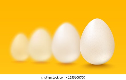 Vector set realistic white eggs. Vector white eggs on yellow background. 3d eggs.