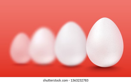 Vector set realistic white eggs. Vector white eggs on red background. 3d eggs.