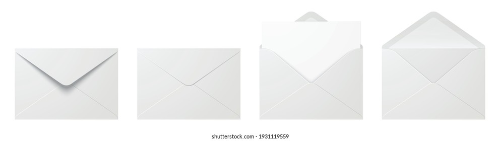 Векторный набор реалистичных белых конвертов в разных положениях. Сложенный и развернутый макет конверта, изолированный на белом фоне.