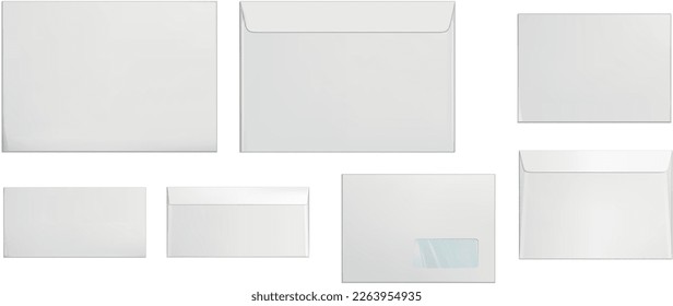 Vector set of realistic white envelopes in different positions. Folded and unfolded envelope mockup isolated on a white background.