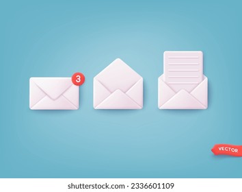 Vector set of realistic white envelopes in different positions. Folded and unfolded envelope mockup isolated on a white background.Render email notification with letters, check mark. 