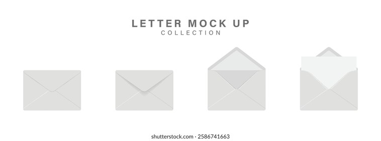 Vector set of realistic white envelopes in different positions. Folded and unfolded envelope mockup isolated on a white background.