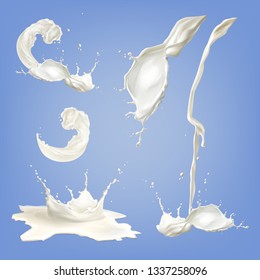 Vector set of realistic white milk or cream splash with drops isolated on blue background