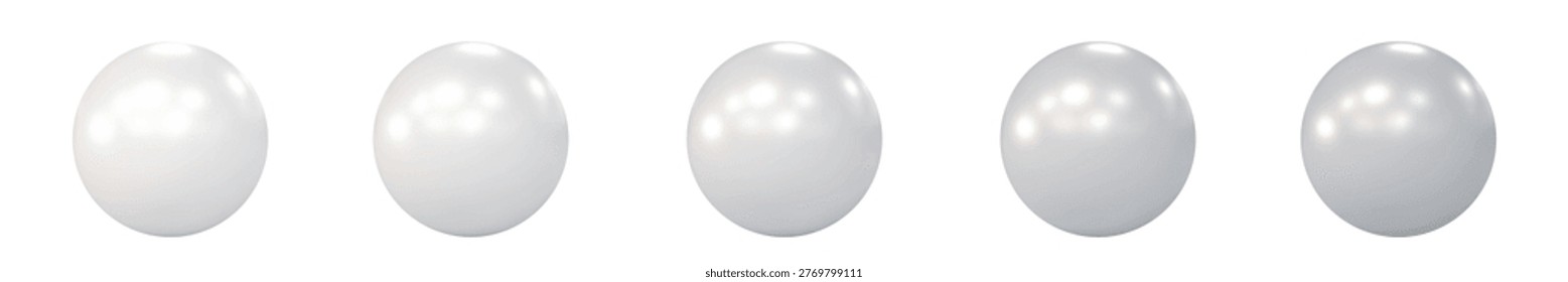 A vector Set of realistic white pearl spheres in various shades of white. Elegant, glossy beads, high-quality 3D render closeup, isolated. 