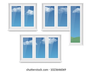 Vector set of realistic white plastic closed windows and light blue sky with white clouds outside them. Realistic illustration isolated on white background.