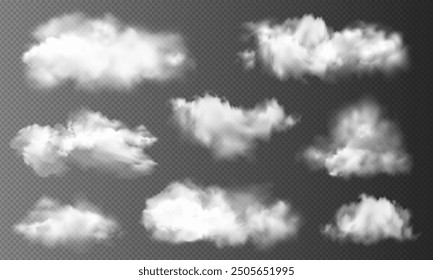 Vector set of realistic white summer cloud, fog, fire smoke and weather element isolated on black transparent background. Cloud wave, food smoke, foggy overlay texture or nature sky silhouette pattern