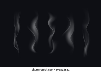 Vector Set of Realistic White Transparent Cigarette Smoke Waves Isolated On Black Background