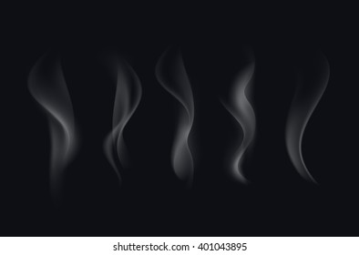 Vector Set of Realistic White Transparent Cigarette Smoke Waves Isolated On Black Background