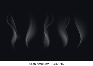 Vector Set of Realistic White Transparent Cigarette Smoke Waves Isolated On Black Background