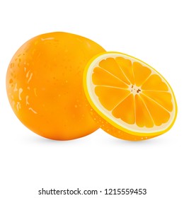 Vector set realistic whole orange and half orange isolated on white background.