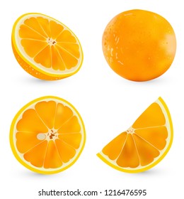 Vector set realistic whole orange and half orange isolated on white background.