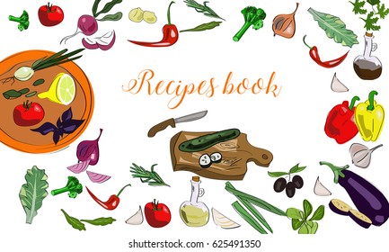 Vector set of recipes book with hand drawn vegetables. Vector illustration.