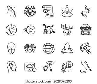 Vector set of Recovery cloud, World vaccination and Timer line icons set. Environment day, Medical mask and Idea head icons. Teamwork, Nasal test and Timeline signs. Recovery cloud web symbol. Vector