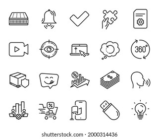 Vector set of Recovery data, Tick and Human sing line icons set. Location app, Loan percent and Clock bell icons. Usb stick, Energy and Mattress signs. Recovery data web symbol. Vector
