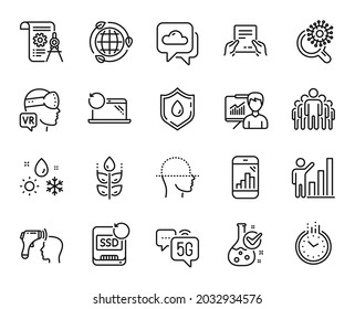 Vector set of Recovery laptop, 5g internet and Coronavirus research line icons set. Chemistry lab, Electronic thermometer and Receive file icons. Recovery ssd, Graph chart and Time signs. Vector