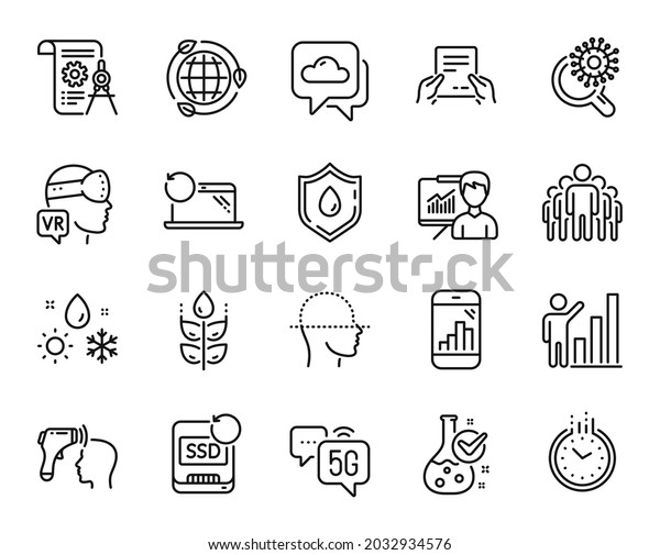 Vector set of Recovery laptop, 5g internet and\
Coronavirus research line icons set. Chemistry lab, Electronic\
thermometer and Receive file icons. Recovery ssd, Graph chart and\
Time signs. Vector