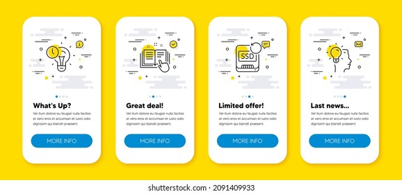 Vector set of Recovery ssd, Time management and Technical documentation line icons set. UI phone app screens with line icons. Idea icon. Backup info, Idea lightbulb, Manual. Professional job. Vector