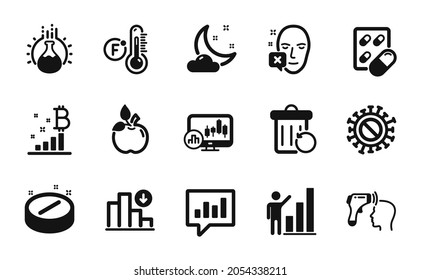 Vector set of Recovery trash, Chemistry experiment and Analytical chat icons simple set. Capsule pill, Coronavirus and Electronic thermometer icons. Recovery trash simple web symbol. Vector