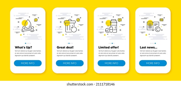 Vector set of Recovery trash, Water splash and Medical drugs line icons set. UI phone app screens with line icons. Copyright icon. Backup file, Aqua drop, Medicine bottle. Copywriting book. Vector