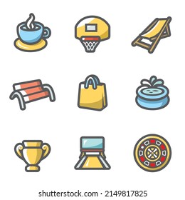 Conjunto de vectores de iconos de recreación y entretenimiento. Deporte, Comida, Turismo, Paseo, Compras, Parque, Arte, Bolera, Casino.
