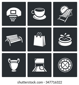 Vector Set Of Recreation And Entertainment Icons. Sport, Food, Tourism, Stroll, Shopping, Park, Art, Bowling, Casino. Basketball, Coffee, Resort, Benche, Bag, Fountain, Vase, Bowling, Roulette