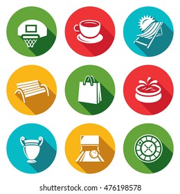 Vector Set of Recreation and Entertainment Icons. Sport, Food, Tourism, 
