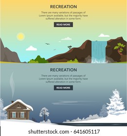 Vector set of recreation posters, banners. Winter countryside and mountain peak with waterfall landscapes backgrounds. Advertising flat style design elements.