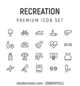 Vector set of recreation thin line icons. Design of 20 stroke pictograms. Signs of recreation isolated on a white background.
