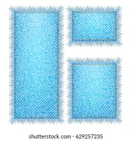 Vector set of rectangle patches, perfect for label and tag. Denim material, jeans texture with stitches and fringe, blue color. Rectangle elements for design with place for text